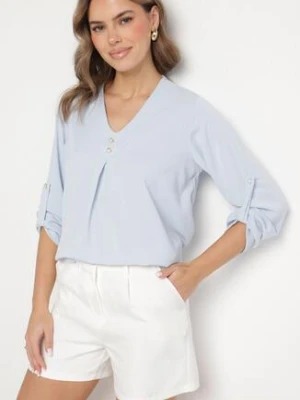 Jasnoniebieska Bluzka o Trapezowym Kroju z Dekoltem w Serek i Podpinanymi Rękawami Aslimi new collection