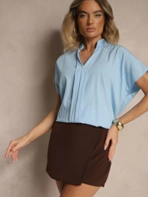 Jasnoniebieska Bluzka Oversize z Wiskozą o Kroju Nietoperz z Dekoltem w Serek Davithiel new collection