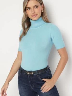 Jasnoniebieska Bluzka z Golfem z Dodatkiem Wiskozy i Bawełny z Krótkim Rękawem Ciamira palma