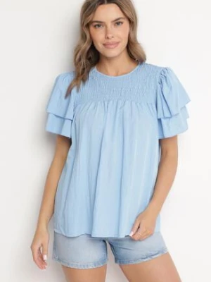 Jasnoniebieska Bluzka z Wiskozą o Trapezowym kroju z Falbankami i Elastyczną Wstawką Dorlimi new collection