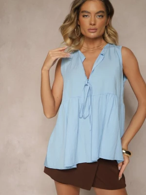 Jasnoniebieska Bluzka z Wiskozą z Baskinką Wiązana przy Dekolcie Davienne New Collection Niebieski