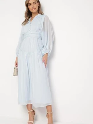 Jasnoniebieska Długa Sukienka Koktajlowa w Stylu Retro z Plisami i Stójką Leowia bisou's project