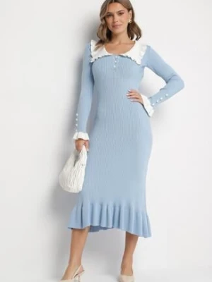 Jasnoniebieska Dzianinowa Sukienka Retro z Wiskozą z Kołnierzykiem i Falbanami Hanlira rosa