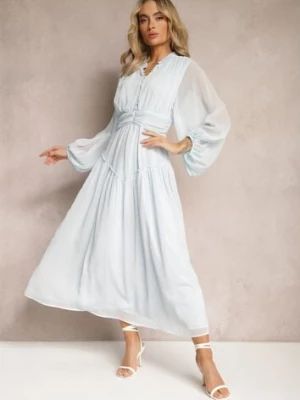 Jasnoniebieska Elegancka Sukienka w Stylu Vintage z Powlekanymi Guzikami i Marszczeniami Lefandia bisou's project