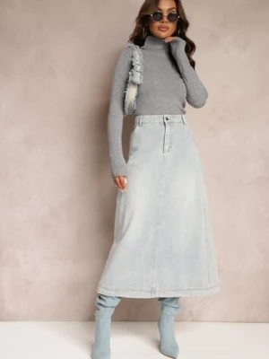 Jasnoniebieska Jeansowa Spódnica Maxi o Rozkloszowanym Kroju z Paskiem Teviva elsa.m by may