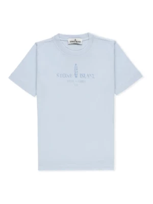 Jasnoniebieska Juniorowa Bawełniana Koszulka z Kontrastowym Logo Stone Island