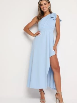 Jasnoniebieska Koktajlowa Asymetryczna Sukienka z Kokardą na Ramieniu Vimarellia lovery