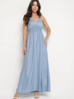 Jasnoniebieska Kopertowa Sukienka na Ramiączkach z Wiskozy Zdobiona Cyrkoniami Ararielle cflo