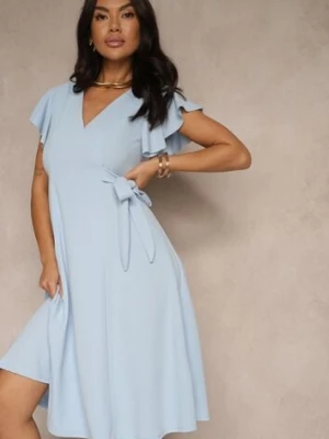 Jasnoniebieska Kopertowa Sukienka z Rozkloszowanym Dołem i Ozdobnym Wiązaniem Dannola new collection