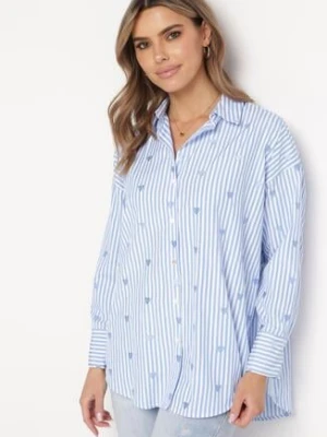 Jasnoniebieska Koszula Bawełniana w Paski z Haftowanymi Serduszkami Sanileni melya by melody