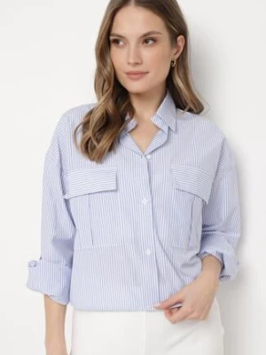 Jasnoniebieska Koszula o Krótszym Kroju z Kieszeniami w Paski Guelia miss poem