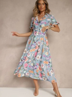 Jasnoniebieska Koszulowa Sukienka w Kwiaty o Rozkloszowanym Fasonie z Paskiem Fevalirra lovery