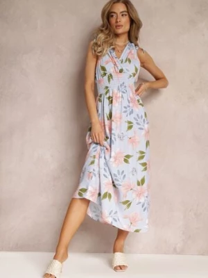 Jasnoniebieska Kwiecista Sukienka Maxi z Gumką w Talii i Rozkloszowanym Dołem Lenasa miaozixin