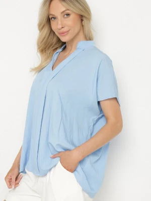 Jasnoniebieska Nietoperzowa Bluzka Oversize z Wiskozą z Dekoltem w Serek Davilisa New Collection Niebieski