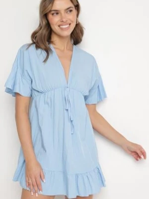 Jasnoniebieska Nietoperzowa Sukienka z Wiskozą o Rozkloszowanym Kroju z Falbanką Tullimi new collection