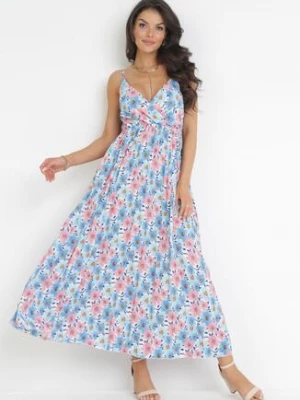 Jasnoniebieska Plisowana Sukienka Maxi na Cienkich Regulowanych Ramiączkach Iazza