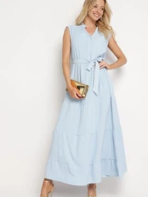 Jasnoniebieska Rozkloszowana Sukienka bez Rękawów z Wiązaniem w Talii Ellalin cflo