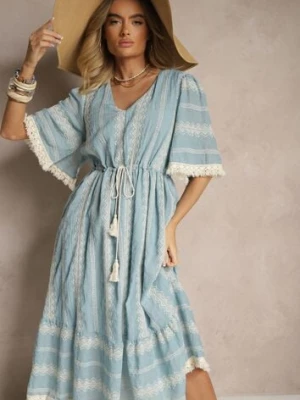 Jasnoniebieska Rozkloszowana Sukienka Boho z Bawełny Zdobiona Haftem i Wiązaniem Koriruna rosa