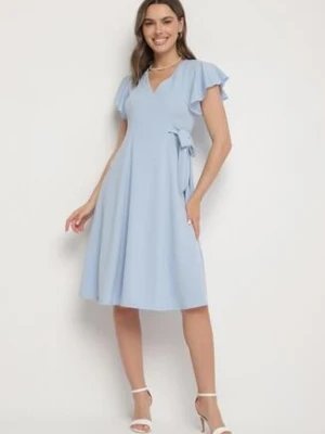 Jasnoniebieska Rozkloszowana Sukienka Kopertowa z Wiązaniem w Talii Dannila new collection