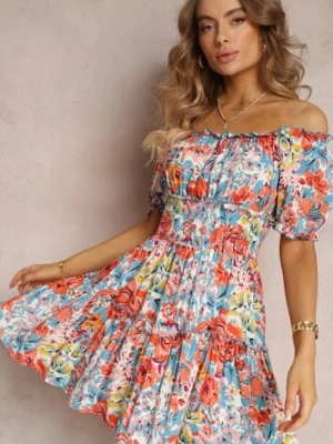 Jasnoniebieska Rozkloszowana Sukienka Mini z Gumkami w Pasie i Krótkimi Rękawami z Wiskozy Merrelle cflo