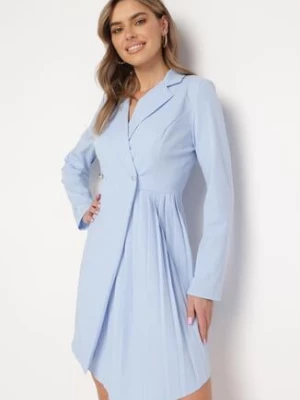 Jasnoniebieska Rozkloszowana Sukienka Mini z Kopertową Górą i Plisami na Dole Lontasa