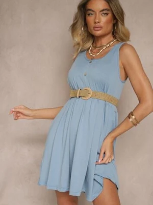 Jasnoniebieska Rozkloszowana Sukienka na Szerokich Ramiączkach Zdobiona Guzikami Jenandria defox