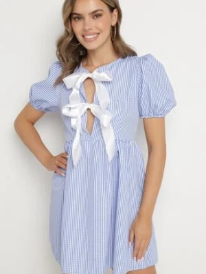 Jasnoniebieska Rozkloszowana Sukienka w Kratkę Vichy w Stylu Retro z Wiązaniem Telionea lovery