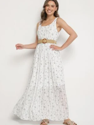 Jasnoniebieska Rozkloszowana Sukienka w Kwiaty Ozdobiona Plecionym Paskiem Iffalle rosa