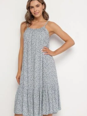 Jasnoniebieska Rozkloszowana Sukienka z Bawełny w Kwiatowy Wzór Nilaretia defox