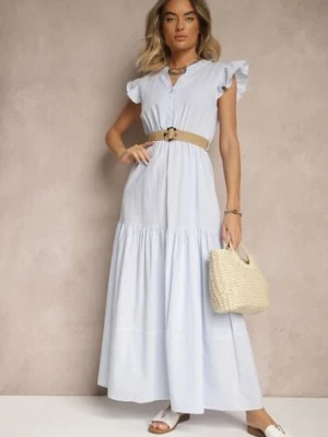 Jasnoniebieska Rozkloszowana Sukienka z Bawełny w Stylu Boho z Paskiem z Klamrą Iffarisa rosa