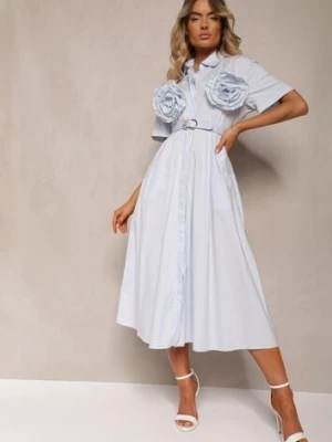 Jasnoniebieska Rozkloszowana Sukienka z Bawełny z Kwiatami na Rękawach i Paskiem w Talii Andronea elsa.m by may