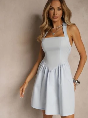 Jasnoniebieska Rozkloszowana Sukienka z Bawełny z Paskiem Wokół Szyi Kolanora new collection