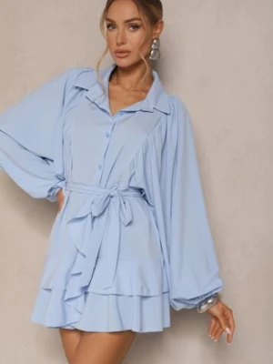 Jasnoniebieska Rozkloszowana Sukienka z Falbanami i Paskiem Divanessa lovery