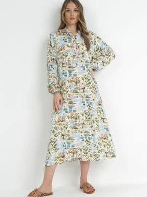 Jasnoniebieska Rozkloszowana Sukienka z Koszulową Górą Hajra rosa