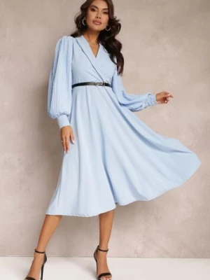 Jasnoniebieska Rozkloszowana Sukienka z Paskiem i Długim Rękawem Malaiyah new collection