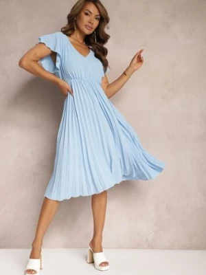 Jasnoniebieska Rozkloszowana Sukienka z Plisami i Dekoltem w V Rissari new collection