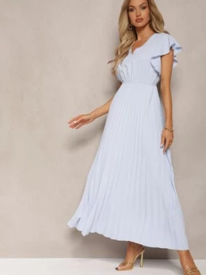 Jasnoniebieska Rozkloszowana Sukienka z Plisami Maxi z Falbankami przy Ramionach Nethula