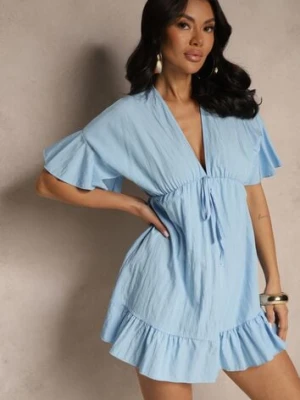 Jasnoniebieska Rozkloszowana Sukienka z Wiskozą z Rękawami Typu Nietoperz i Falbanką Nellimi new collection