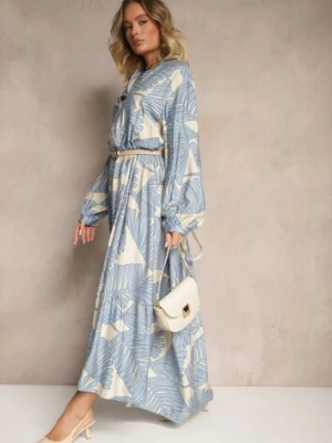 Jasnoniebieska Rozkloszowana Sukienka z Wiskozy z Motywem Liści Wilvesia maja studio