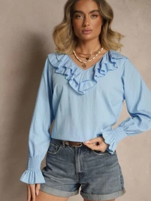 Jasnoniebieska Rustykalna Bluzka z Wiskozą z Dekoltem w Serek i Falbankami Lislimi new collection