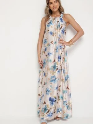 Jasnoniebieska Satynowa Sukienka w Kwiaty Fenaresia