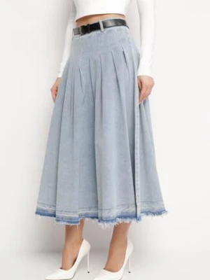 Jasnoniebieska Spódnica Jeansowa Rozkloszowana z Paskiem z Ekoskóry Nalier