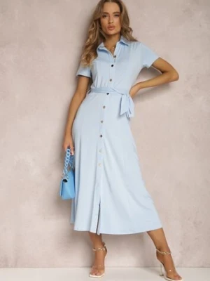 Jasnoniebieska Sukienka Koszulowa z Wiązanym Paskiem Asheila by swan