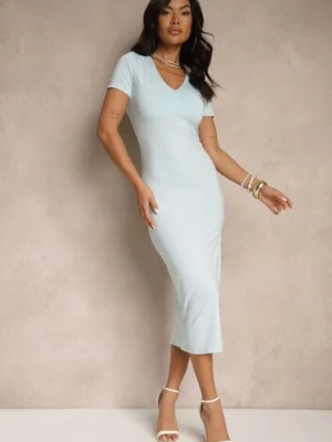 Jasnoniebieska Sukienka Bodycon o Dopasowanym Kroju z Dekoltem w V Efrerina by swan