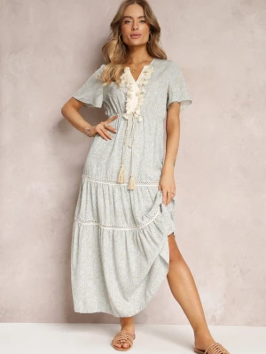 Jasnoniebieska Sukienka Boho z Chwostami i Ażurowymi Zdobieniami Poniti R&f Fashion Niebieski