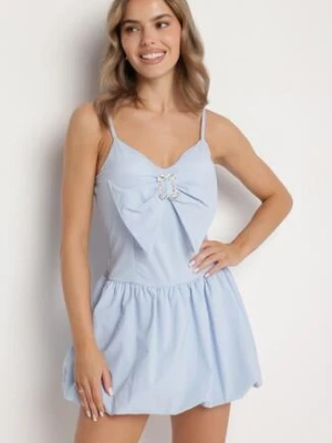 Jasnoniebieska Sukienka Bombka na Cienkich Ramiączkach z Kokardą i Cyrkoniami Paliandria lovery