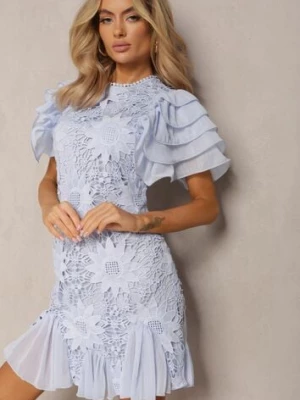 Jasnoniebieska Sukienka Dopasowana Mini z Koronką i Falbankami Offiamea lovery