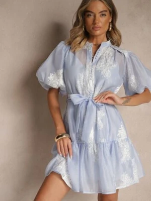 Jasnoniebieska Sukienka Koszulowa z Bawełną Ozdobiona Paskiem i Haftami Lirine lovery