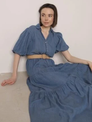 Jasnoniebieska Sukienka Koszulowa z Wiskozą Bufiastymi Rękawami i Plecionym Paskiem Eriflara