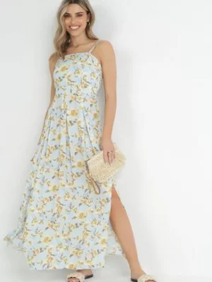 Jasnoniebieska Sukienka Maxi na Regulowanych Ramiączkach z Rozcięciem na Dole Alasima